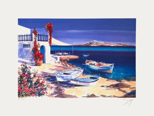 Grèce - Trois barques devant la mer by André Bongibault, Print for Sale on Singulart