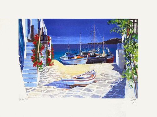 Grèce - Bâteaux de pêche au port von André Bongibault, Druck kaufen auf Singulart