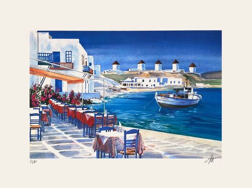 Grèce - Les 5 moulins à Mykonos de André Bongibault, Impresión a la venta en Singulart