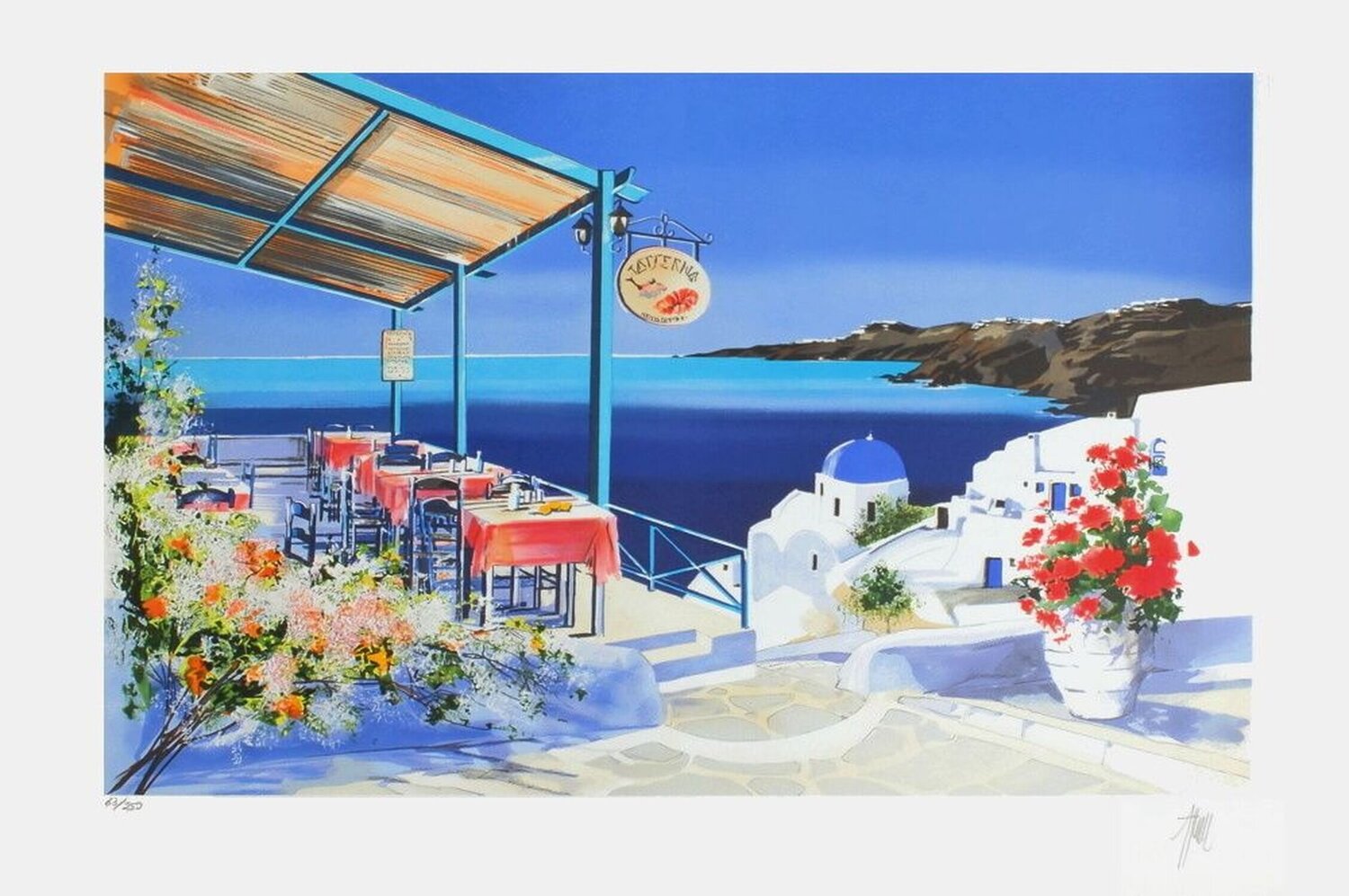 Grèce - terrasse de restaurant fleurie André Bongibault Druck zu verkaufen