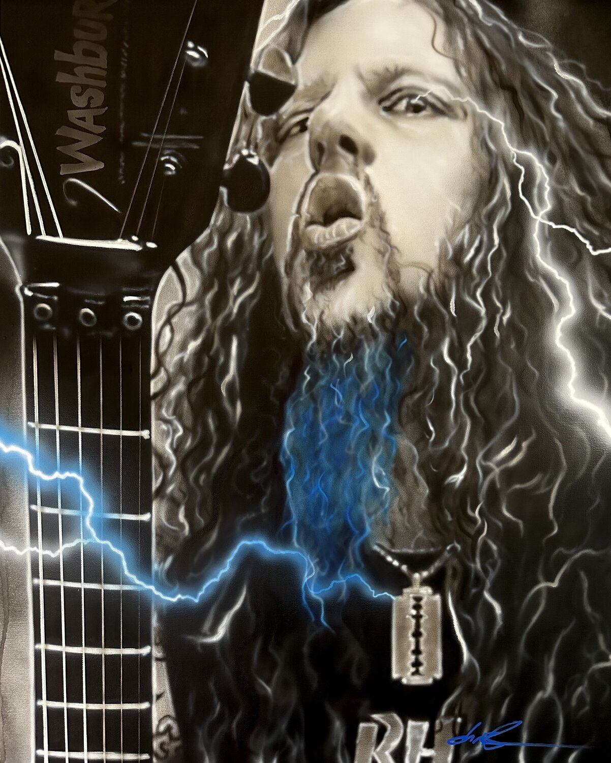 'Blue Lightning Dimebag' Painting of Dimebag Darrell from Pantera by
