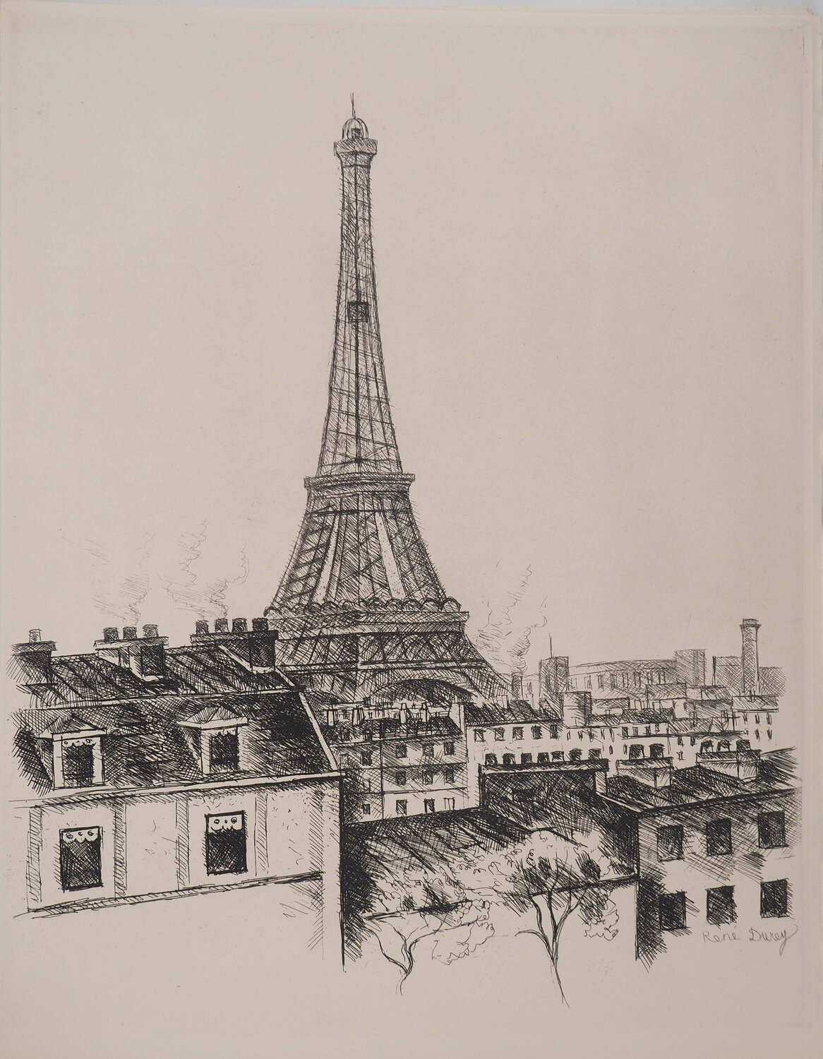 Vue sur la Tour Eiffel, Gravure originale signée René Durey Stampa in vendita