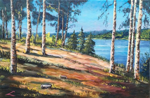 Birches at the river van Elena Sokolova, Schilderij te koop op Singulart