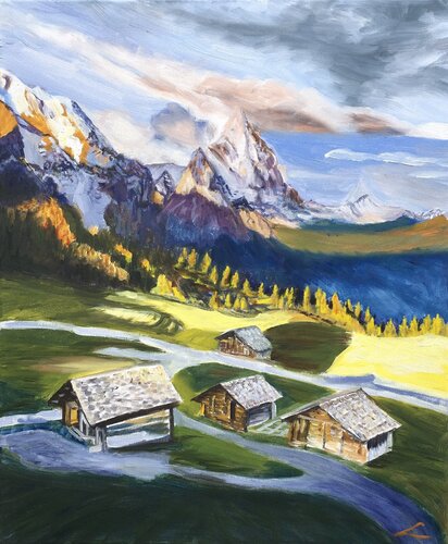 Mountain barns von Elena Sokolova, Malerei kaufen auf Singulart
