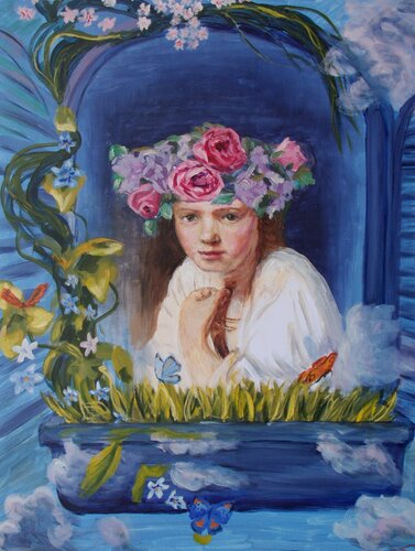 Girl at a window, floral style di Elena Sokolova, Pittura in vendita su Singulart