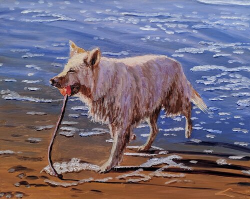 Wet dog with a toy von Elena Sokolova, Malerei kaufen auf Singulart