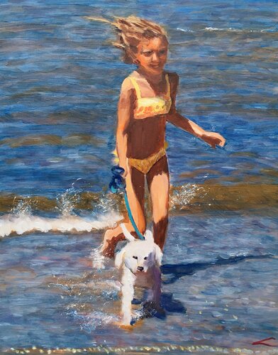 Girl with a doggy by Elena Sokolova, Painting for Sale on Singulart