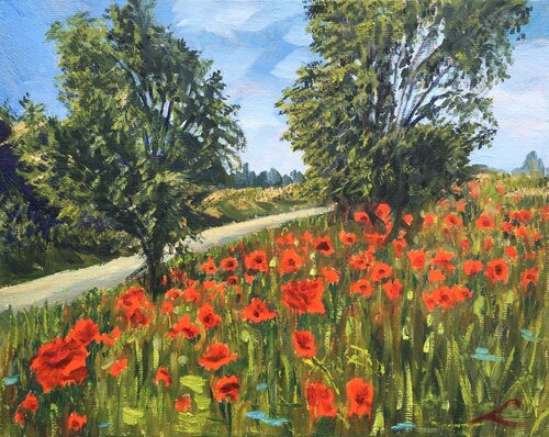 Landscape with poppies 3 von Elena Sokolova, Malerei kaufen auf Singulart