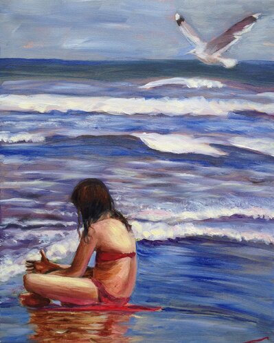 Girl and a seagull van Elena Sokolova, Schilderij te koop op Singulart