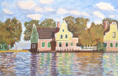 River Zaan houses, inspired by Monet van Elena Sokolova, Schilderij te koop op Singulart