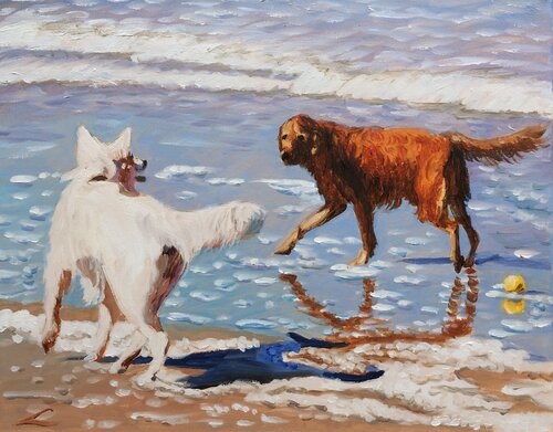 Beach dogs by Elena Sokolova, Painting for Sale on Singulart