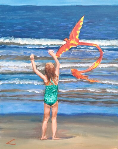 Girl with a kite at the sea von Elena Sokolova, Malerei kaufen auf Singulart