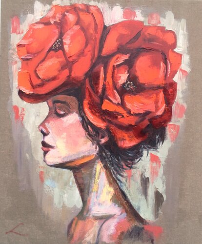 Portrait with poppies van Elena Sokolova, Schilderij te koop op Singulart
