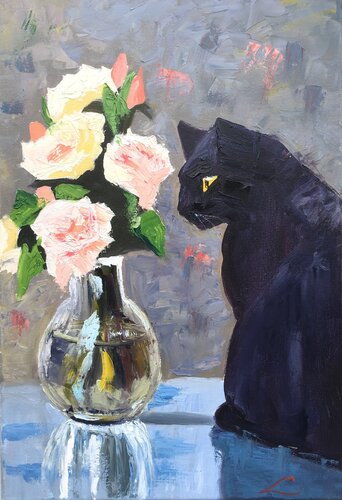 Cat an roses van Elena Sokolova, Schilderij te koop op Singulart