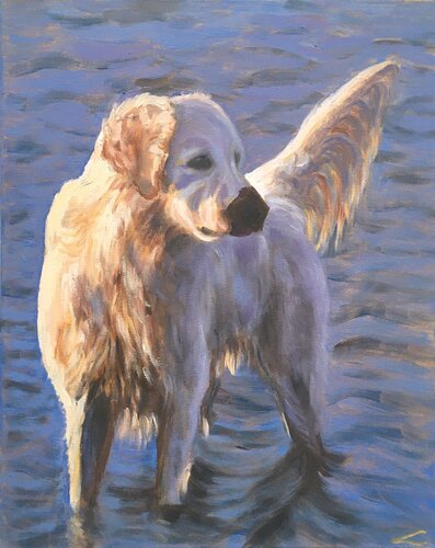 Dog at the sea van Elena Sokolova, Schilderij te koop op Singulart