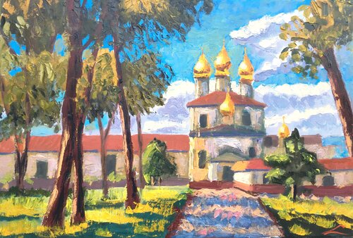 Landscape with a church van Elena Sokolova, Schilderij te koop op Singulart