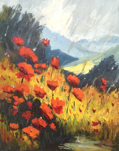 Poppies in rain by Elena Sokolova, Painting for Sale on Singulart