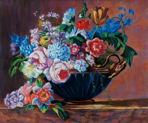 Still life with flowers in the style of the Dutch masters 1 von Viktoria Goudbeek, Zeichnungen kaufen auf Singulart
