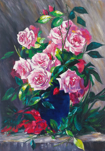 Pink roses in a vase di Viktoria Goudbeek, Pittura in vendita su Singulart