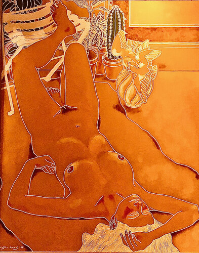 Nu Jaune à l'oiseau de Nina Ricci van Kojiro Akagi, Schilderij te koop op Singulart