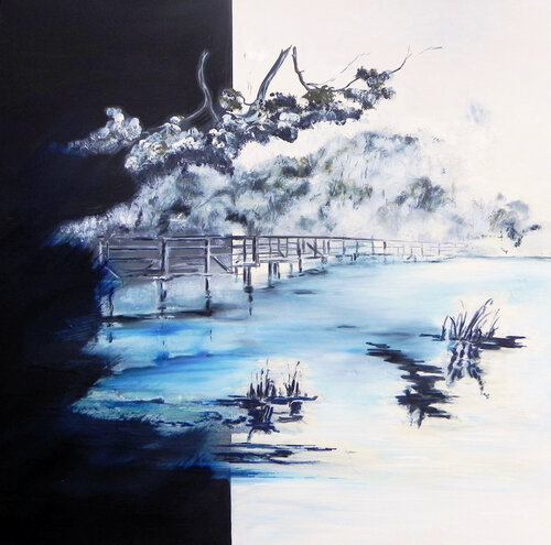 Brücke im Morgennebel van Gerd Zimmermann (ZIMMERMANN-Formanist Art), Schilderij te koop op Singulart