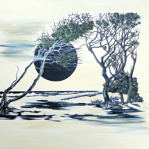 Dunkle Sonne weißer Strand - Dark sun white beach di Gerd Zimmermann (ZIMMERMANN-Formanist Art), Pittura in vendita su Singulart