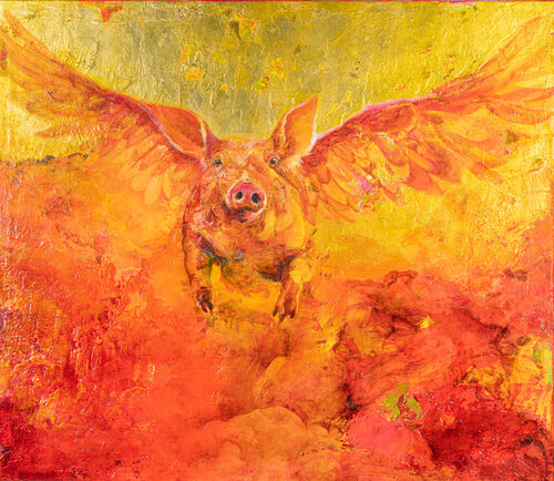 Cerdo volador al atardecer di Paula Segarra, Pittura in vendita su Singulart