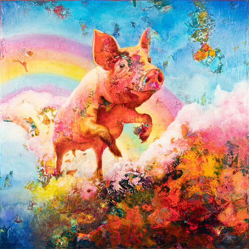 Cerdo volador sobre el arcoiris van Paula Segarra, Schilderij te koop op Singulart