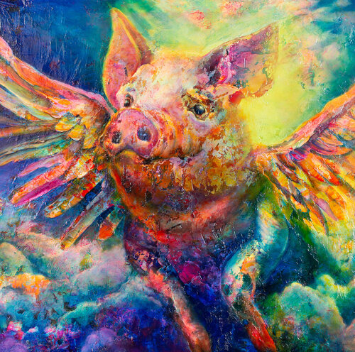 Cerdo volador entre nubes di Paula Segarra, Pittura in vendita su Singulart