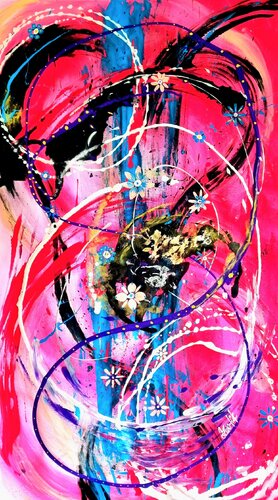 Blooming in Motion on pink,rose,mauve background & black lines de Lena Zwetik, Pintura a la venta en Singulart