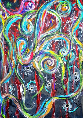 Surreal eyes lines-yellow, pink, turquoise and red on gray van Lena Zwetik, Schilderij te koop op Singulart