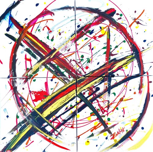 Unity in Chaos of black,gold,red,yellow,green,blue on white Lena Zwetik