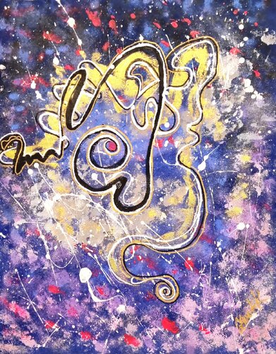 Purple Cosmos white black, gold stripes & white,pink splashes von Lena Zwetik, Malerei kaufen auf Singulart