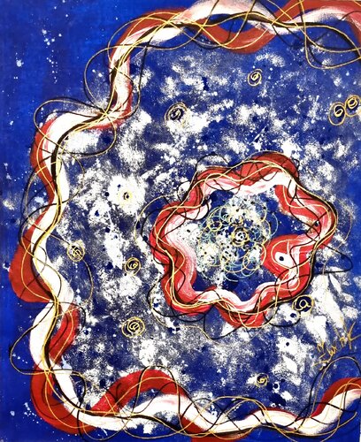Cosmic Flower in red & white & gold flowing lines on royal blue by Lena Zwetik, Painting for Sale on Singulart