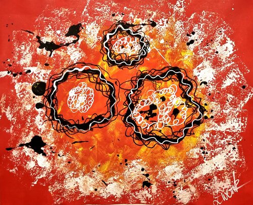 Red Energy black & white lines and splashes on yellow & red von Lena Zwetik, Malerei kaufen auf Singulart