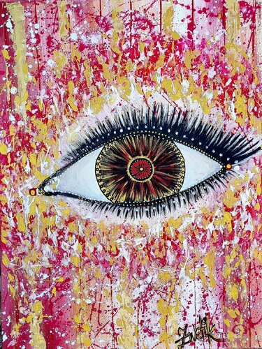 Abstract & Surreal Eye - splatters in pink, rose red, white & gold von Lena Zwetik, Malerei kaufen auf Singulart