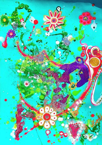 Colorful Floral Explosion with metallic accents on turquoise van Lena Zwetik, Schilderij te koop op Singulart