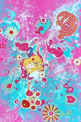 Surreal Hearts in Bloom on turquoise, magenta, pink, white van Lena Zwetik, Schilderij te koop op Singulart