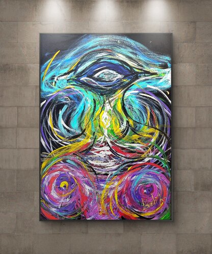 Surreal eye of the abstract ocean with blue,turquoise,pink von Lena Zwetik, Malerei kaufen auf Singulart