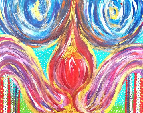 Between Cosmic Bloom in red, blue, gold on turquoise van Lena Zwetik, Schilderij te koop op Singulart
