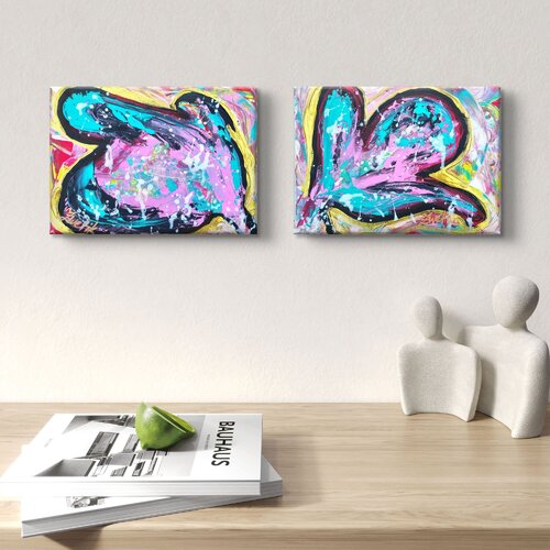 Expressionistic Heart in pink, turquoise, black, gold, white von Lena Zwetik, Malerei kaufen auf Singulart