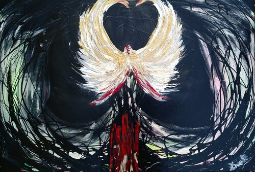 Surreal Phoenix Heart-white wings with red and gold accents on black di Lena Zwetik, Pittura in vendita su Singulart