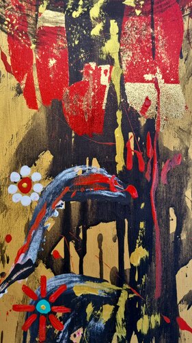 Abstract & Expressionistic Spirits in Bloom - gold & red van Lena Zwetik, Schilderij te koop op Singulart