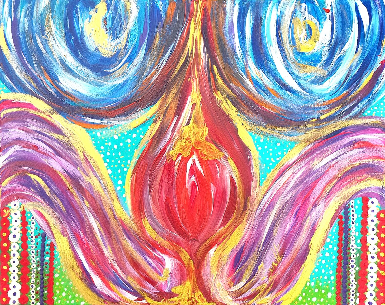 Between Cosmic Bloom in red, blue, gold on turquoise Lena Zwetik Originalgemälde zu verkaufen