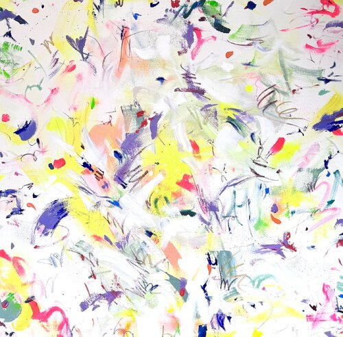 Happiness – neon gelb Bild Kunstwerk, gerahmt in schwarz by Diana Alb, Painting for Sale on Singulart