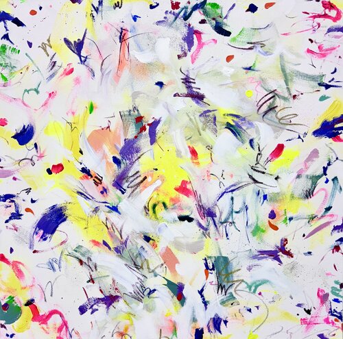 Happiness – neon gelb Bild Kunstwerk, abstrakte Malerei, Gemälde, ungerahmt van Diana Alb, Schilderij te koop op Singulart