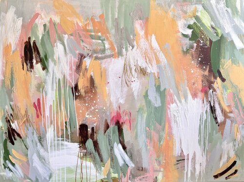 Dreaming of... – grün orange Bild, abstraktes Gemälde, gerahmt in Eiche (Echtholz) par Diana Alb, Peinture en vente sur Singulart