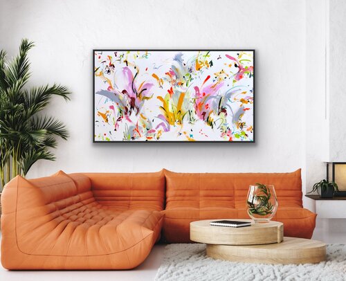 Happiness – buntes Bild Kunstwerk, abstrakte Malerei, Gemälde, kleine Pinselstriche, Leichtigkeit van Diana Alb, Schilderij te koop op Singulart