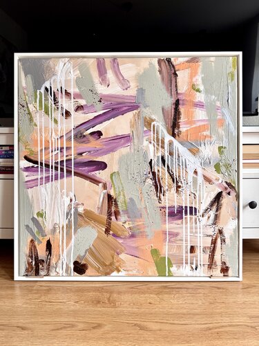 Step by Step - bunte abstrakte Malerei Kunstwerk, salbei grün, pfirsich van Diana Alb, Schilderij te koop op Singulart