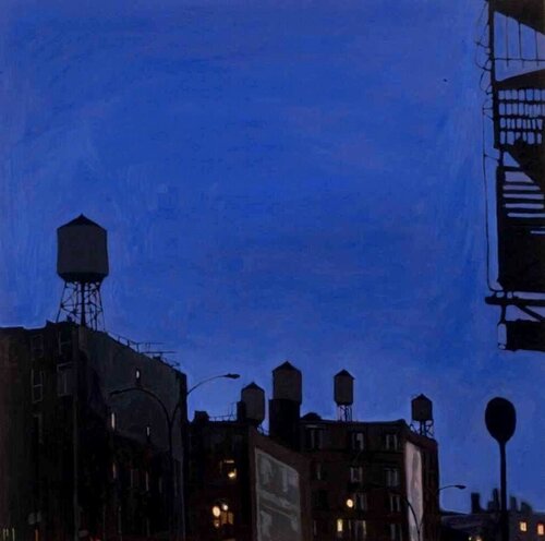 5 watertowers and fire escape - blue sky - van Sonya Sklaroff, Schilderij te koop op Singulart